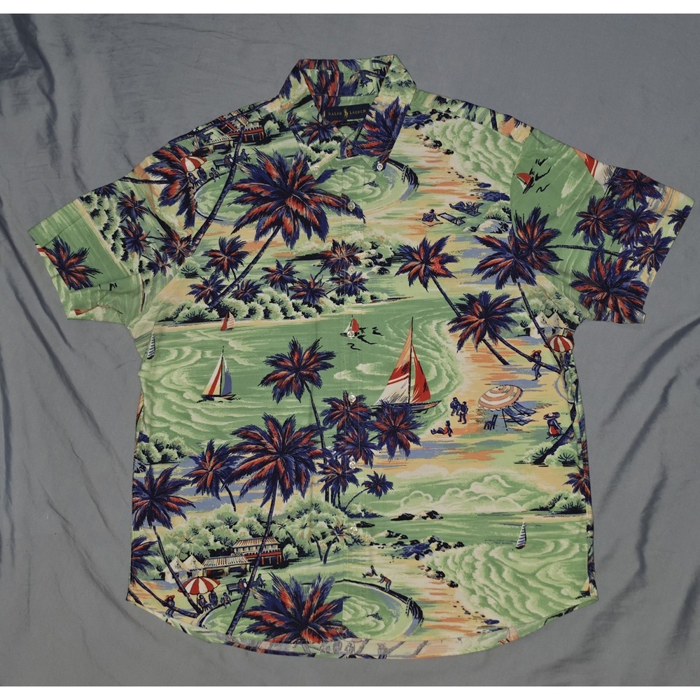 Ralph Lauren Button Down Shirt Hawaiian Men XL Tropical Palm Trees Blue AOP
